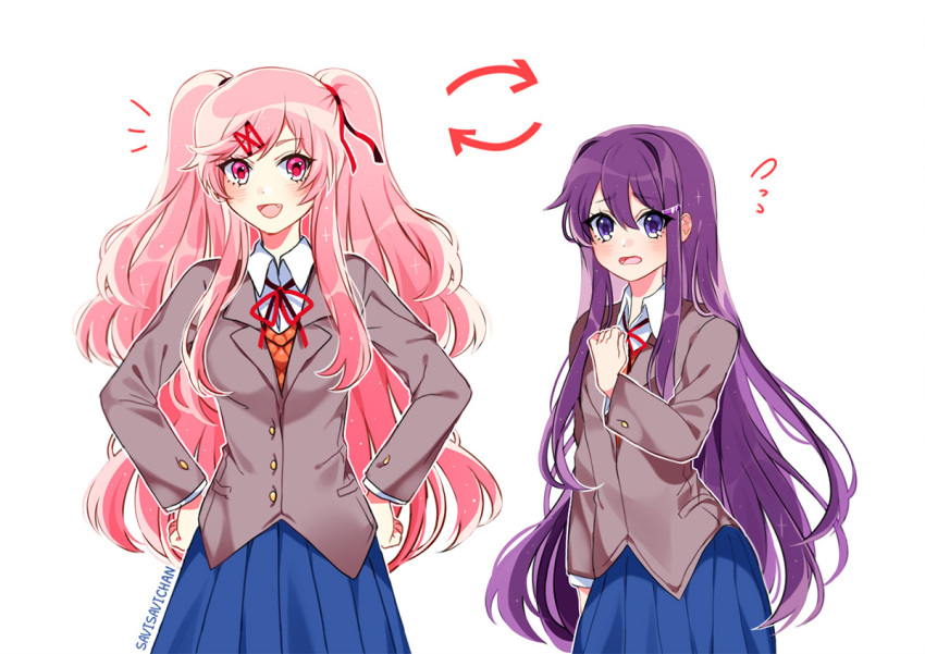 2girls :d :o alternate_hair_length alternate_hairstyle artist_name bangs blue_skirt commentary directional_arrow doki_doki_literature_club english_commentary eyebrows_visible_through_hair eyes_visible_through_hair fang flying_sweatdrops grey_jacket hair_between_eyes hair_ornament hair_ribbon hairclip hand_on_own_chest hands_on_hips jacket long_hair long_sleeves looking_at_viewer multiple_girls natsuki_(doki_doki_literature_club) open_mouth outline pink_eyes pink_hair pleated_skirt purple_hair red_ribbon ribbon role_reversal savi_(byakushimc) school_uniform simple_background skirt smile two_side_up very_long_hair violet_eyes white_background white_outline wing_collar yuri_(doki_doki_literature_club)