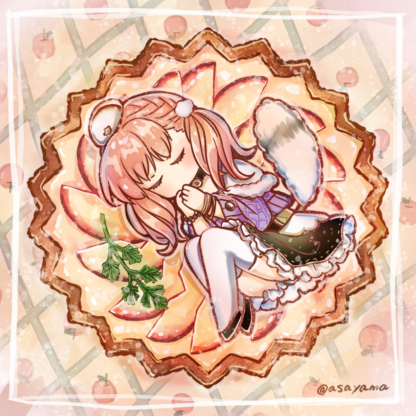 1girl apple asayama atelier_(series) atelier_escha_&amp;_logy bangle blush border bracelet chibi closed_eyes commentary_request escha_malier food food_background fruit hat highres jewelry low_twintails no_mouth no_nose own_hands_together pink_hair skirt solo tail tart_(food) thigh-highs twintails twitter_username white_headwear white_legwear