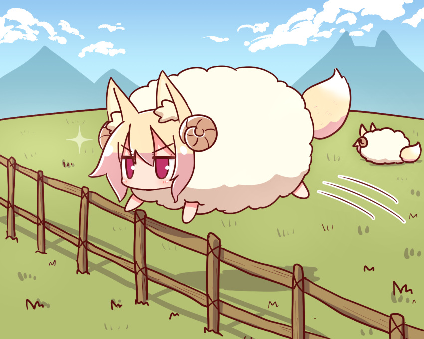 2girls animal_ear_fluff animal_ears animalization bangs blonde_hair blue_sky blush clouds curled_horns day eyebrows_visible_through_hair facing_away fence field fox_ears fox_girl fox_tail grass hair_between_eyes highres horns jumping kemomimi-chan_(naga_u) long_hair mountain multiple_girls naga_u original outdoors red_eyes sheep sheep_girl sheep_horns sidelocks sky solo_focus sparkle tail v-shaped_eyebrows when_you_see_it