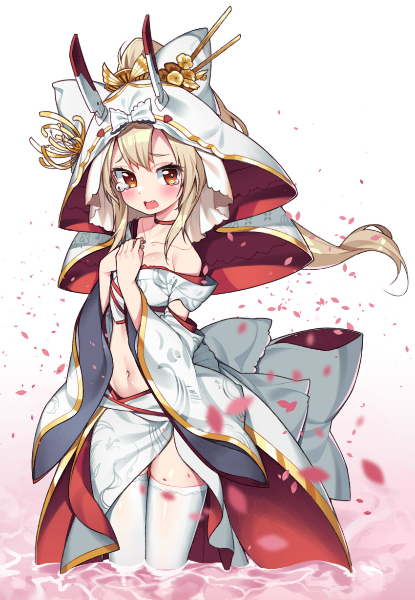 1girl alternate_costume ayanami_(azur_lane) ayanami_(demon's_dress)_(azur_lane) azur_lane blush bow breasts bridal_veil brown_eyes choker cowboy_shot crying detached_sleeves hands_on_own_chest hands_together headpiece highres hop3 japanese_clothes kimono light_brown_hair long_hair looking_at_viewer midriff navel open_mouth petals ponytail simple_background small_breasts solo tears thigh-highs uchikake veil wading water white_background white_legwear wide_sleeves