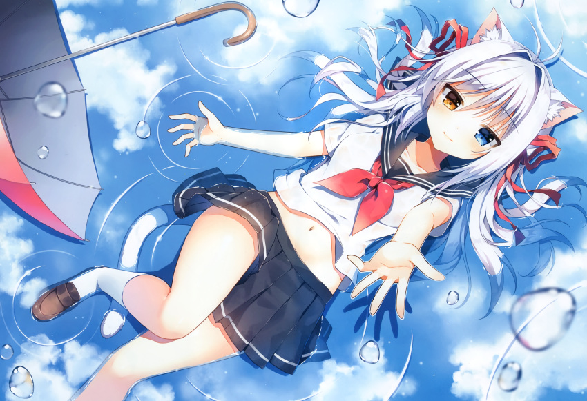 1girl absurdres aina_rive animal_ear_fluff animal_ears antenna_hair black_sailor_collar black_skirt blue_eyes blue_sky breasts brown_footwear bubble cat_ears cat_girl cat_tail clouds collarbone day hair_intakes hair_ribbon heterochromia highres huge_filesize loafers long_hair looking_at_viewer lying mauve medium_breasts midriff miniskirt navel neckerchief on_back orange_eyes original outdoors outstretched_arm pleated_skirt red_ribbon reflection ribbon ripples sailor_collar scan school_uniform serafuku shirt shoes short_sleeves skirt sky smile socks solo tail thighs umbrella water white_hair white_legwear white_shirt