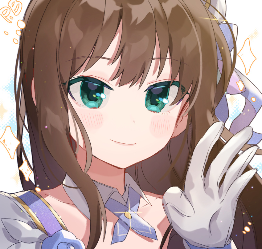 1girl bangs blush brown_hair collarbone commentary_request detached_collar eyebrows_visible_through_hair face gloves green_eyes hair_ribbon highres idolmaster idolmaster_million_live! idolmaster_million_live!_theater_days long_hair looking_at_viewer ranobigi0820 ribbon shibuya_rin smile solo white_gloves