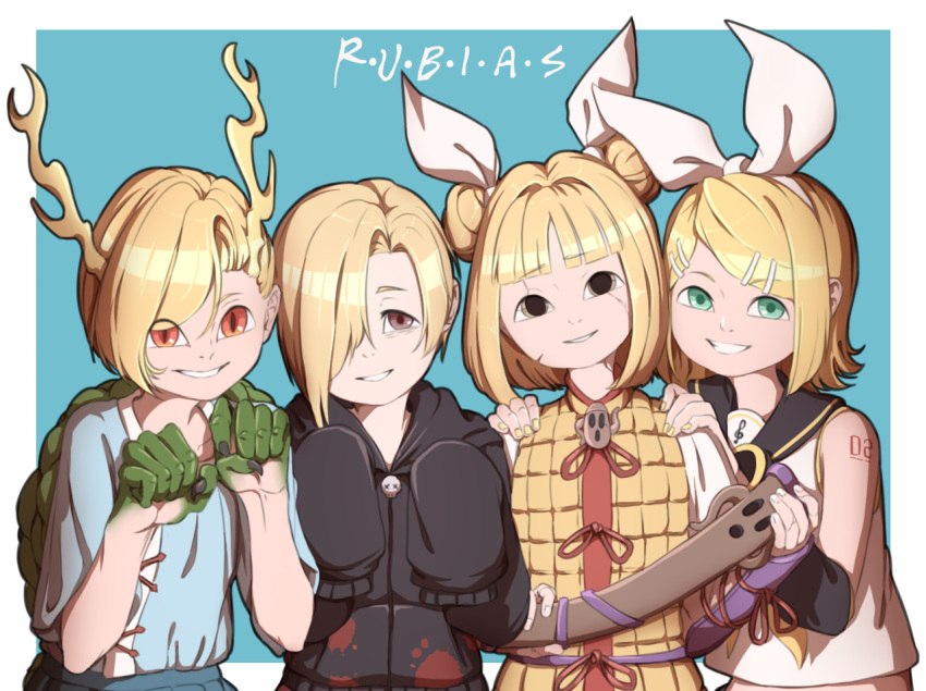 4girls armor bangs bare_shoulders black_hoodie blonde_hair blood blood_splatter blue_eyes blunt_bangs bow claws clenched_hands collarbone commentary cracked_skin detached_sleeves double_bun dragon_girl dragon_horns eyebrows_visible_through_hair green_eyes hair_bow hair_ornament hair_over_one_eye hair_ribbon hairclip hands_on_another's_shoulders haniwa_(statue) head_tilt hood hood_down hoodie horns idolmaster idolmaster_cinderella_girls joutouguu_mayumi kagamine_rin kicchou_yachie long_sleeves looking_at_viewer mefomefo midriff multiple_girls paw_pose red_eyes ribbon sailor_collar scabbard scales sheath shirasaka_koume short_hair short_sleeves simple_background skull sleeves_past_wrists slit_pupils smile spanish_text touhou translated treble_clef upper_body vambraces vocaloid x_x yellow_eyes