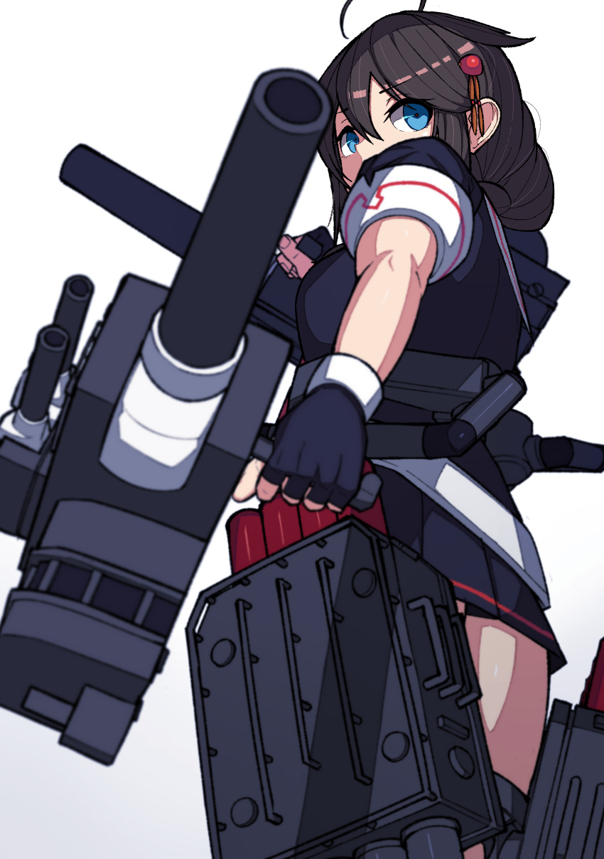 1girl absurdres adapted_turret ahoge black_gloves black_hair black_serafuku black_skirt blue_eyes braid cannon commentary_request cowboy_shot fingerless_gloves from_below gloves hair_flaps hair_over_shoulder highres kantai_collection karasuma_kuraha machinery remodel_(kantai_collection) school_uniform serafuku shigure_(kantai_collection) simple_background single_braid skirt solo standing turret white_background