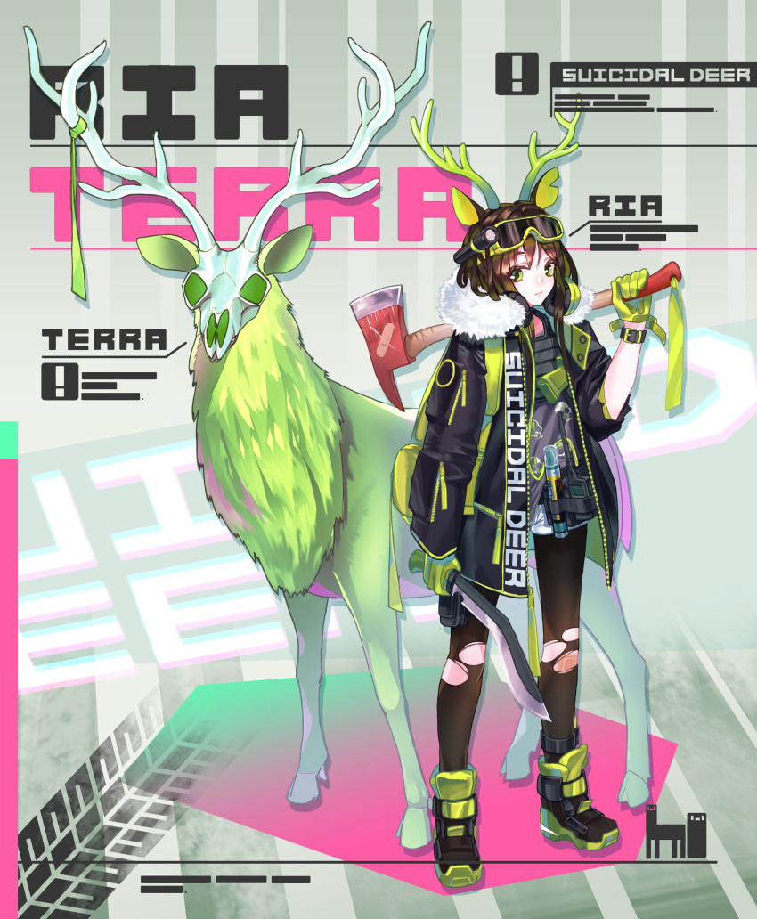 1girl absurdres animal_ears antlers axe black_legwear deer deer_ears english_text epipen fire_axe gloves goggles goggles_on_head green_eyes green_gloves gun handgun high_tops highres holding holding_axe jacket knife korean_commentary kukri leggings long_hair looking_at_viewer original pistol radio shoes short_shorts shorts sneakers solo torn_clothes torn_legwear walkie-talkie weapon whskswnd