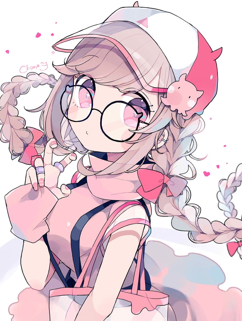 +_+ 1girl bag bandaid_on_finger baseball_cap black-framed_eyewear blush_stickers braid breasts brown_hair chon_(chon33v) closed_mouth commentary_request ear_piercing fingernails flapjack_octopus glasses hand_up hat heart highres jewelry long_hair long_sleeves looking_at_viewer low_twintails medium_breasts nail_polish original piercing pink_eyes pink_headwear pink_nails pink_shirt ring round_eyewear see-through shirt short_sleeves signature simple_background sleeves_past_wrists solo suspenders transparent turtleneck twin_braids twintails very_long_hair white_background