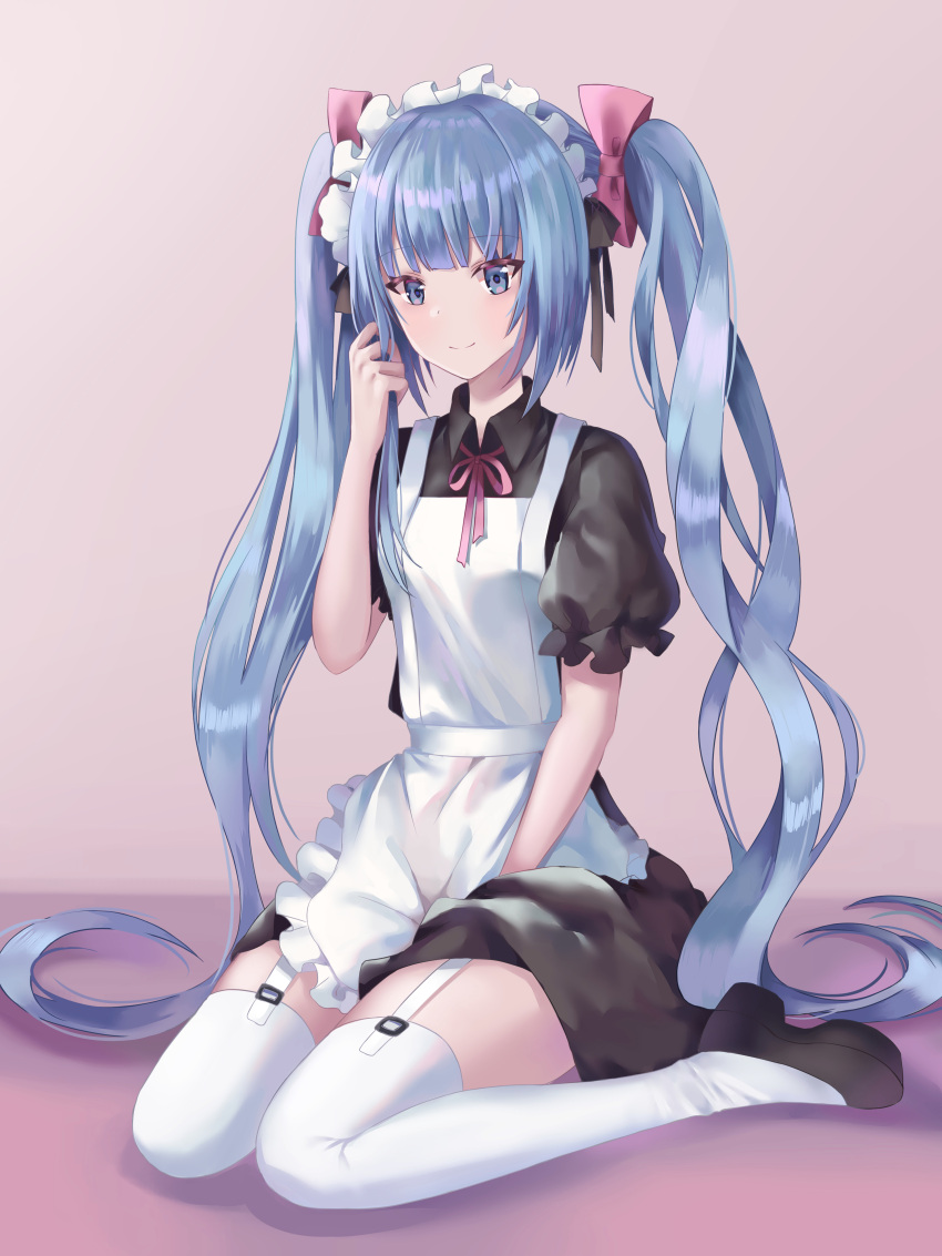 1girl absurdres alternate_costume apron bangs between_legs black_footwear black_ribbon black_shirt black_skirt blue_eyes blue_hair bow closed_mouth collared_shirt enmaided eyebrows_visible_through_hair full_body garter_straps hair_bow hair_ribbon hand_between_legs hatsune_miku highres holding holding_hair long_hair maid maid_headdress miniskirt naryoung neck_ribbon pink_background pink_bow pink_ribbon ribbon shiny shiny_hair shirt short_sleeves sitting skirt smile solo thigh-highs twintails very_long_hair vocaloid wariza white_apron white_legwear wing_collar zettai_ryouiki