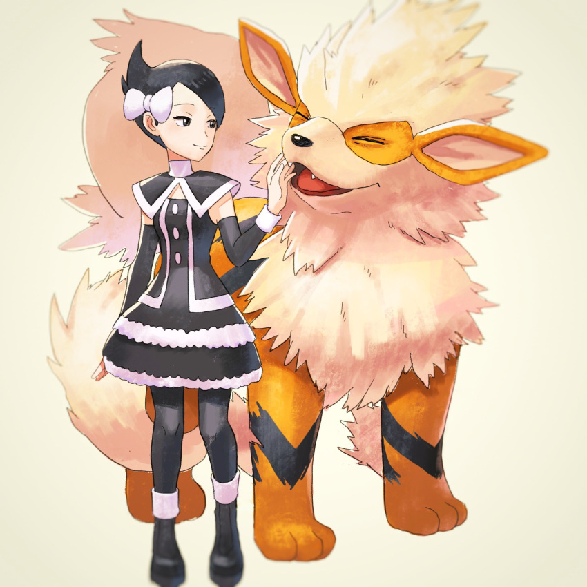 1girl arcanine black_hair gothic_lolita highres lolita_fashion marley_(pokemon) pokemon pokemon_(game) pokemon_masters pokemon_trainer pokipoki ribbon smile standing