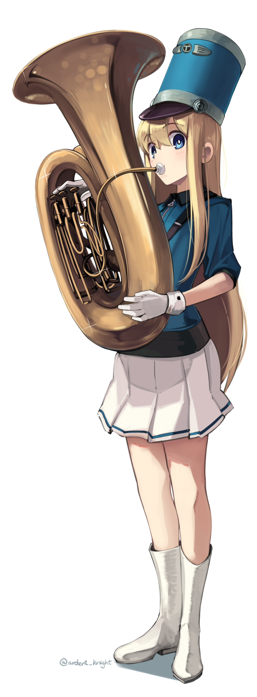 1girl absurdres bangs blonde_hair blue_eyes blue_headwear blue_shirt boa_(brianoa) boots collared_shirt eyebrows_visible_through_hair full_body gloves hair_between_eyes highres holding holding_instrument instrument long_hair looking_at_viewer miniskirt music original playing_instrument pleated_skirt shirt simple_background skirt sleeves_rolled_up solo standing straight_hair tuba very_long_hair white_background white_footwear white_gloves white_skirt wing_collar
