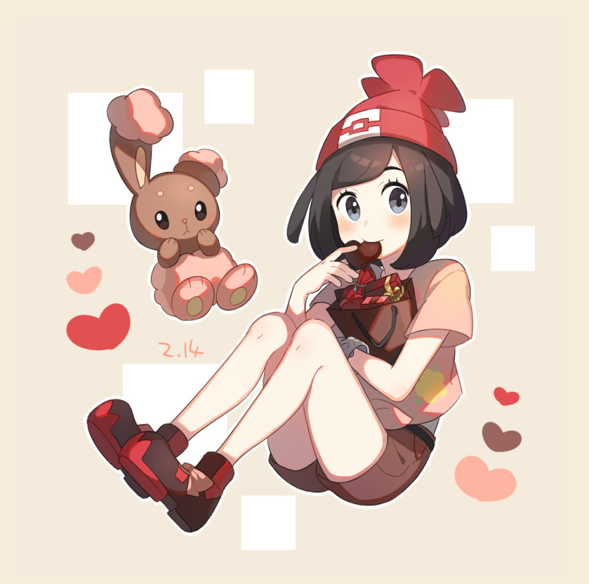 1girl alternate_color bangs beanie beige_background belt black_eyes black_hair blush bracelet brown_eyes brown_shirt brown_shorts buneary candy chocolate chocolate_heart closed_mouth dated eating flat_chest floral_print food full_body gen_4_pokemon hand_up hands_up hat heart jewelry knees_up looking_at_viewer mizuki_(pokemon) outline poke_ball_symbol poke_ball_theme pokemon red_footwear red_headwear shiny shiny_hair shiny_pokemon shirt shoes short_hair short_shorts short_sleeves shorts simple_background sitting two-tone_background unapoppo undershirt valentine white_outline