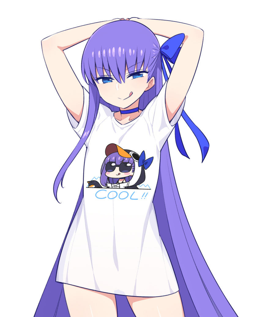 1girl :q arms_up blue_eyes chan_co choker contrapposto cowboy_shot eyebrows_visible_through_hair fate/grand_order fate_(series) flat_chest hair_between_eyes hair_ribbon highres long_hair meltryllis meltryllis_(swimsuit_lancer)_(fate) naked_shirt naughty_face print_shirt purple_hair ribbon shirt simple_background single_sidelock solo t-shirt tongue tongue_out very_long_hair white_background