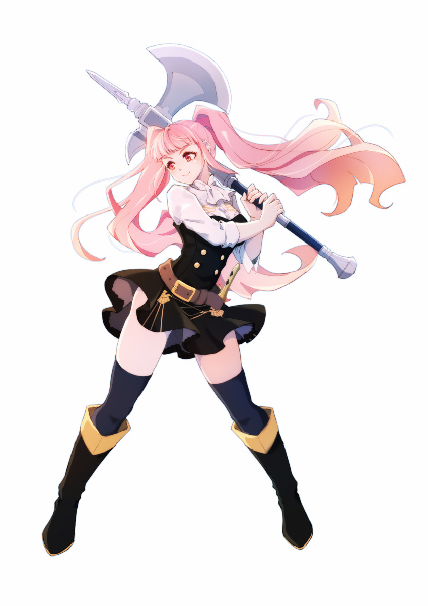 1girl axe bangs belt black_footwear blue_legwear blunt_bangs boots breasts dress fire_emblem fire_emblem:_three_houses floating_hair full_body highres hilda_valentine_goneril lyra-kotto medium_breasts pink_eyes pink_hair shirt short_dress short_hair_with_long_locks simple_background sleeves_rolled_up smile solo standing thigh-highs thighs twintails white_background zettai_ryouiki