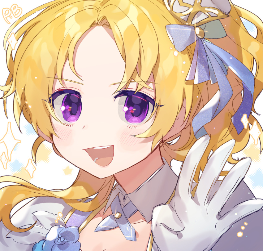 1girl bangs blonde_hair blue_ribbon blush collarbone commentary_request eyebrows_visible_through_hair face flower gloves highres idolmaster idolmaster_cinderella_girls idolmaster_cinderella_girls_starlight_stage kiryuu_tsukasa_(idolmaster) long_hair looking_at_viewer open_mouth parted_bangs ranobigi0820 ribbon smile solo upper_teeth violet_eyes white_gloves