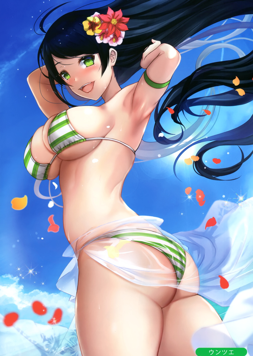 1girl absurdres arm_strap armpits arms_up artist_name ass asymmetrical_bangs back bangs bikini bikini_top black_hair blue_sky blush breasts clouds cloudy_sky day floating_hair flower furrowed_eyebrows glint green_bikini green_eyes hair_flower hair_ornament highres large_breasts lips long_hair looking_at_viewer looking_back melonbooks open_mouth outdoors petals sarong scan see-through sky solo sparkle string_bikini striped striped_bikini sun swimsuit thighs untsue