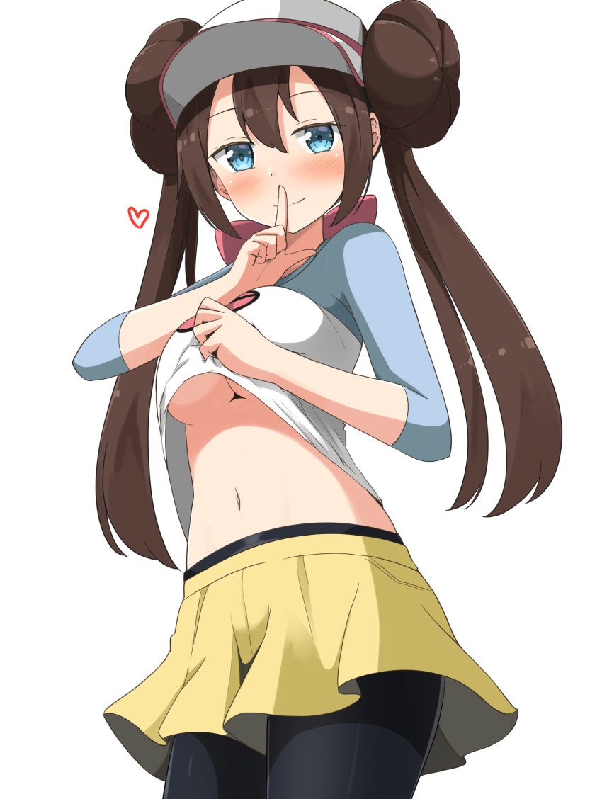 1girl aikawa_ryou black_legwear blue_eyes blush bow breasts brown_hair commentary_request double_bun heart highres large_breasts legwear_under_shorts long_hair looking_at_viewer mei_(pokemon) navel pantyhose pink_bow pokemon pokemon_(game) raglan_sleeves short_shorts shorts simple_background smile solo twintails under_boob visor_cap white_background yellow_shorts