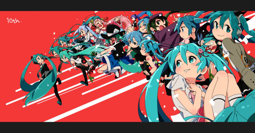 6+girls anniversary aqua_eyes aqua_hair aqua_neckwear bare_shoulders black_legwear black_skirt black_sleeves blue_hair cherry_hair_ornament closed_eyes commentary detached_sleeves flower food_themed_hair_ornament ghost_rule_(vocaloid) green_hair grey_shirt hachune_miku hair_flower hair_ornament hat hatsune_miku hatsune_miku_(vocaloid3) hatsune_miku_(vocaloid4) headphones headset holding holding_spring_onion holding_staff iihoneikotu incoming_hug index_finger_raised japanese_clothes light_blue_hair long_hair looking_back magical_mirai_(vocaloid) melt_(vocaloid) miku_append multiple_girls multiple_persona necktie odds_&amp;_ends_(vocaloid) one_eye_closed open_mouth parted_lips pink_hair red_background red_ribbon ribbon sakura_miku senbon-zakura_(vocaloid) shinkai_shoujo_(vocaloid) shirt shoulder_tattoo skirt sleeveless sleeveless_shirt smile snowflake_print socks song_request songover spring_onion staff star tattoo tell_your_world_(vocaloid) thigh-highs top_hat twintails very_long_hair vocaloid vocaloid_append walking white_shirt wide_shot yuki_miku yuki_miku_(2011) zettai_ryouiki