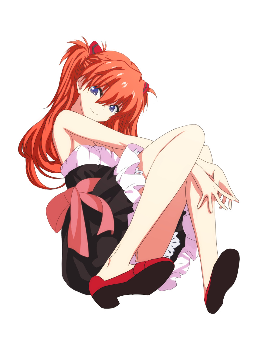 1girl absurdres ass blue_eyes derivative_work dress highres legs long_hair neon_genesis_evangelion no_panties no_socks oborodukiyamiya orange_hair shoes smile souryuu_asuka_langley tsundere