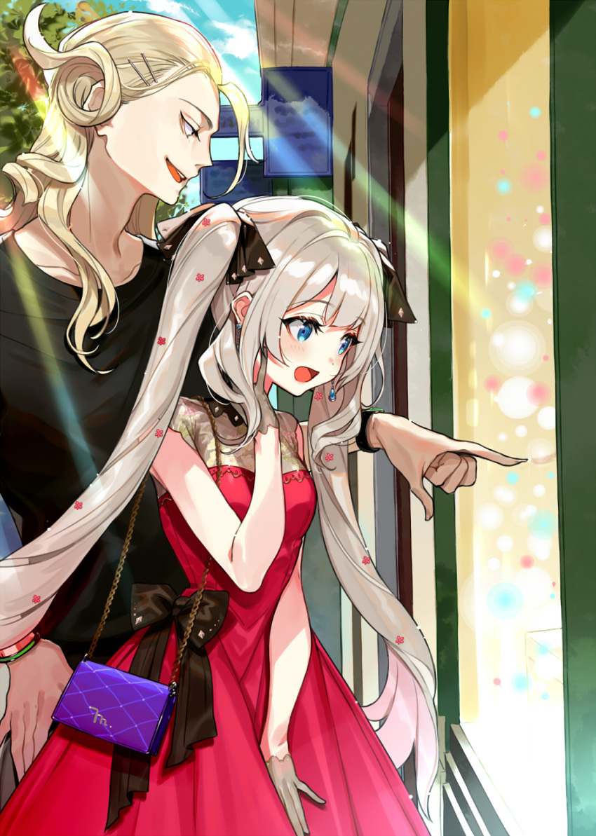 1boy 1girl :d alternate_costume bag bangs black_bow black_gloves black_shirt blonde_hair blue_eyes blue_sky bow casual clouds commentary_request day dress earrings eyebrows_visible_through_hair fate/grand_order fate_(series) fingernails flower gloves grey_gloves hair_flower hair_ornament hairclip half_gloves hand_up handbag highres jewelry light_rays long_hair looking_away marie_antoinette_(fate/grand_order) open_mouth outdoors pointing red_dress red_flower shirt shoulder_bag silver_hair sky sleeveless sleeveless_dress smile sunbeam sunlight twintails very_long_hair watch white_hair window wolfgang_amadeus_mozart_(fate/grand_order) yuu_(higashi_no_penguin)