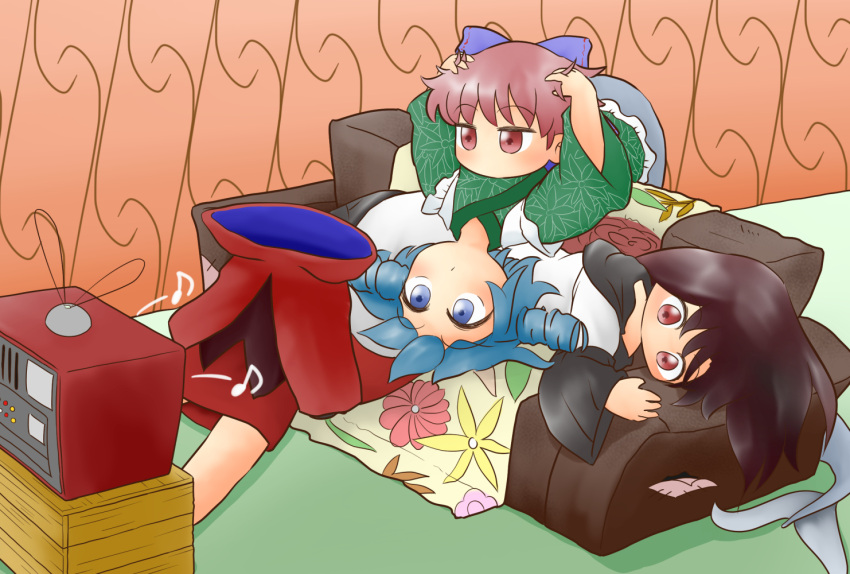 3girls blue_eyes blue_hair bow brown_hair cape commentary_request couch crate disembodied_head dress drill_hair eighth_note expressionless eyebrows_visible_through_hair floral_print grass_root_youkai_network green_kimono hair_bow hands_in_hair head_on_chest imaizumi_kagerou indoors japanese_clothes kimono layered_dress long_hair lying lying_on_person mermaid monster_girl multiple_girls musical_note on_back on_couch on_floor on_side outstretched_legs red_cape red_eyes red_skirt redhead sekibanki short_hair sitting skirt television touhou twin_drills upside-down very_long_hair wakasagihime watching_television yukimuro