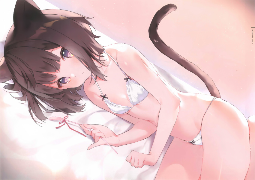 1girl absurdres animal_ears bare_arms bare_shoulders bed bra breasts brown_hair cat_ears cat_girl cat_tail cat_teaser closed_mouth collarbone cona_kinaco halterneck highres holding looking_at_viewer lying on_bed on_side original panties pink_eyes short_hair small_breasts solo tail thighs underwear underwear_only white_bra white_panties