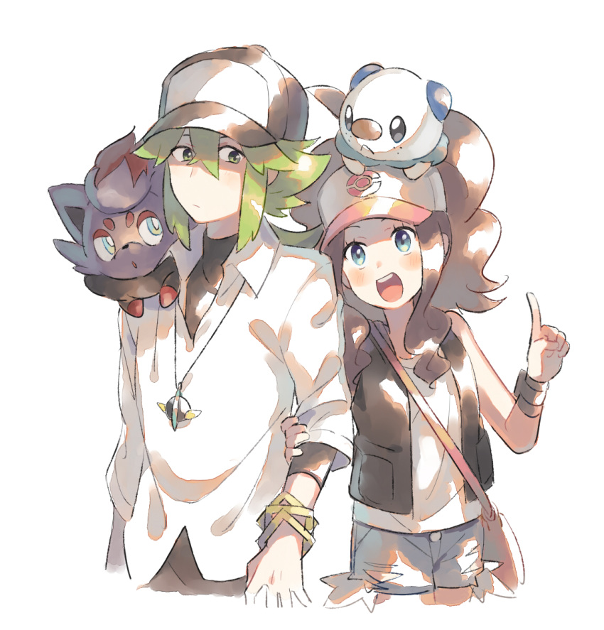 1boy 1girl arm_grab bag baseball_cap black_headwear black_vest blue_eyes blue_shorts blush brown_hair closed_mouth cowboy_shot cropped_legs denim denim_shorts eye_contact flat_chest gen_5_pokemon green_eyes green_hair hand_up happy hat highres jewelry long_hair long_sleeves looking_at_another looking_to_the_side n_(pokemon) necklace open_mouth oshawott pink_headwear poke_ball_symbol poke_ball_theme pokemon pokemon_(creature) pokemon_(game) pokemon_bw ponytail shiny shiny_hair shirt short_shorts shorts simple_background sleeveless sleeveless_shirt smile standing teeth tied_hair touko_(pokemon) unapoppo undershirt vest watch watch white_background white_shirt zorua