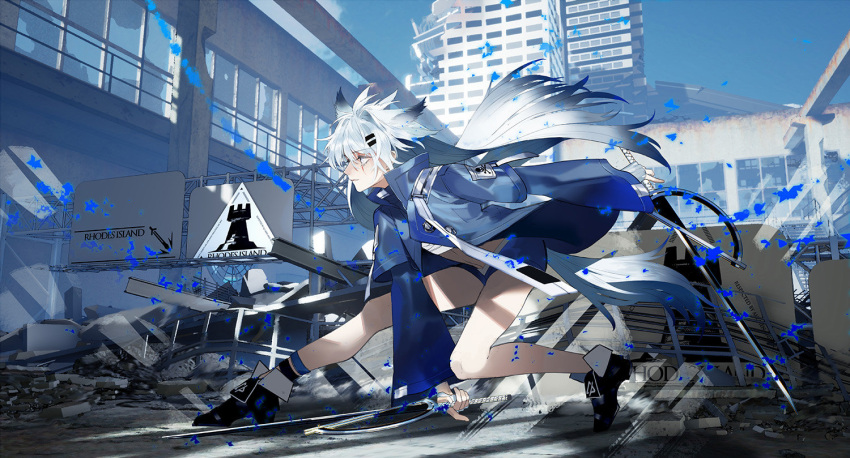 1girl alternate_color animal_ears ankle_boots arknights black_footwear blue_coat blue_jacket blue_shorts blue_sky boots building city commentary_request dual_wielding english_text eyebrows_visible_through_hair grey_eyes hair_ornament hairclip holding holding_sword holding_weapon jacket lappland_(arknights) long_hair multiple_swords railing ruins scar scar_across_eye shorts skull_and_crossbones sky solo sword tail weapon white_hair window yuuno_(rells)