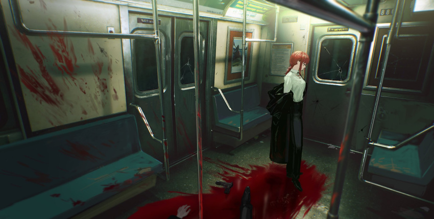 1girl bangs black_neckwear black_pants blood blood_stain braid braided_ponytail breasts broken_window bullet_hole chainsaw_man collared_shirt cracked_wall formal gun highres long_coat long_sleeves makima_(chainsaw_man) necktie painting_(object) pants pool_of_blood redhead seat shinamoku00 shirt standing suit train_interior weapon white_shirt yellow_eyes