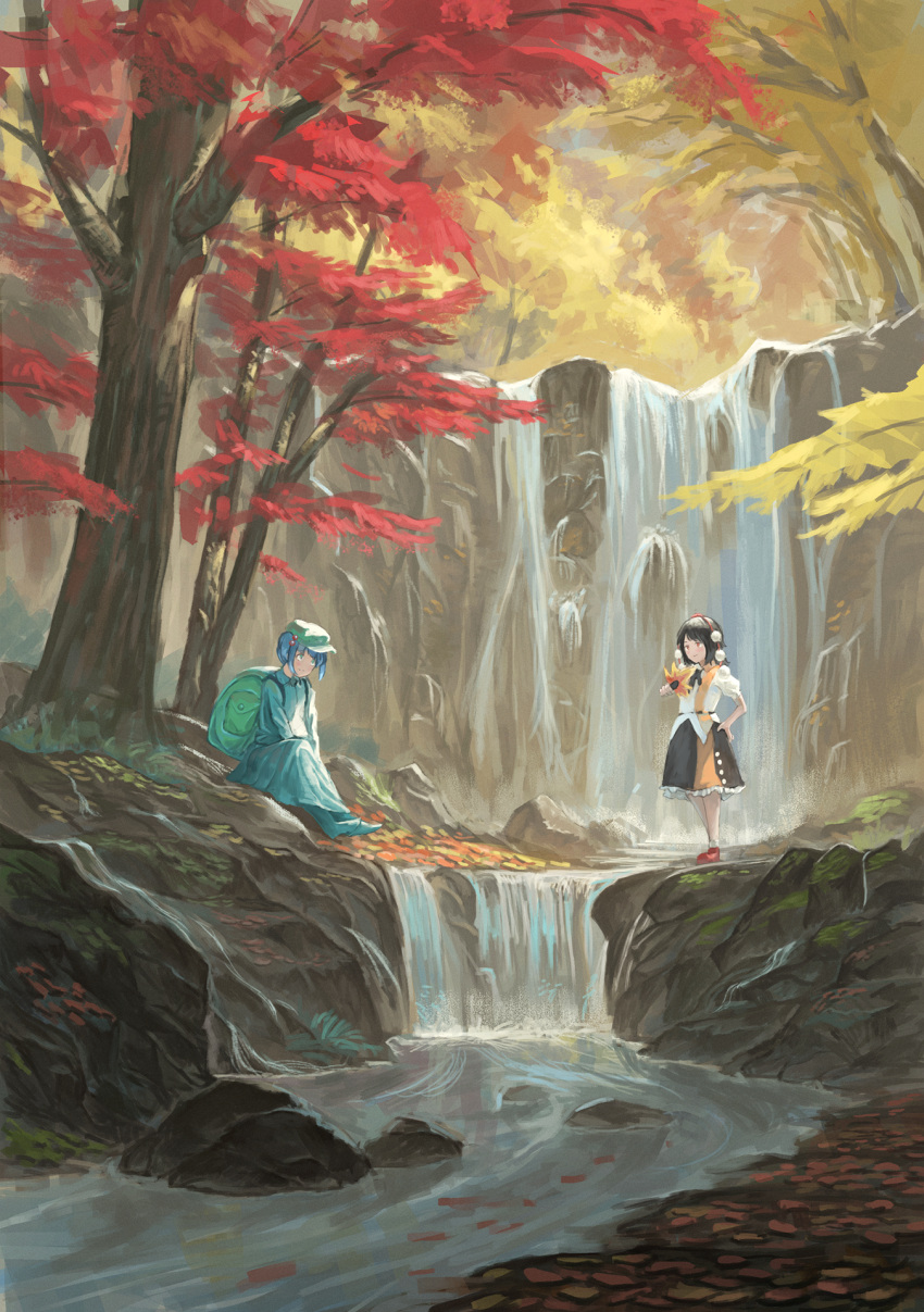 2girls autumn autumn_leaves backpack bag black_hair black_skirt blue_eyes blue_footwear blue_hair blue_shirt blue_skirt blush bobby_socks boots day fan feather_fan fjsmu flat_cap forest green_backpack green_headwear hair_bobbles hair_ornament hand_on_hip hat highres holding holding_fan kawashiro_nitori long_sleeves looking_at_another looking_to_the_side multiple_girls nature outdoors pom_pom_(clothes) puffy_short_sleeves puffy_sleeves red_eyes red_footwear red_headwear rock rubber_boots shameimaru_aya shirt short_hair short_sleeves sitting skirt smile socks standing stream tokin_hat touhou twintails untucked_shirt water waterfall white_legwear white_shirt