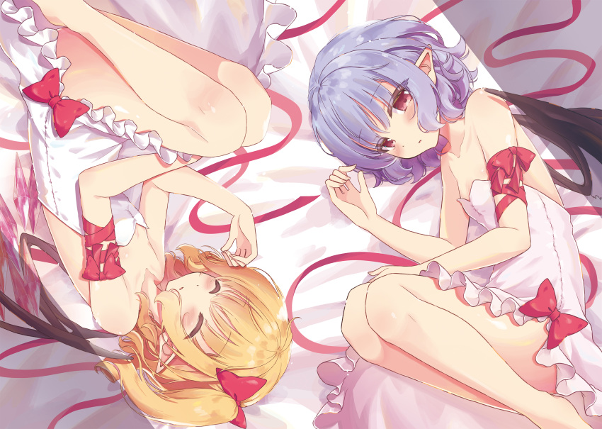 2girls ^_^ absurdres alternate_costume arm_ribbon bangs bare_arms bare_legs bare_shoulders barefoot bat_wings bed_sheet beni_kurage blonde_hair blue_hair blush bow closed_eyes collarbone commentary crystal dress eyebrows_visible_through_hair feet_out_of_frame flandre_scarlet hair_bow hand_up highres looking_at_viewer lying multiple_girls no_hat no_headwear on_side one_side_up pointy_ears red_bow red_eyes red_ribbon remilia_scarlet ribbon shadow short_dress short_hair siblings sidelocks sisters strapless strapless_dress thighs touhou upside-down white_dress wings