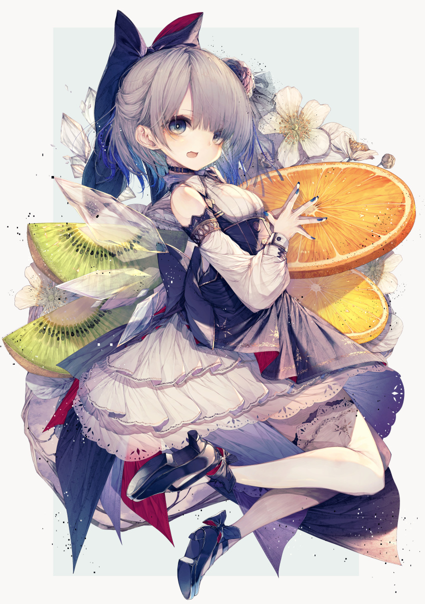 1girl absurdres bangs black_footwear blue_bow blue_choker blue_eyes blue_hair blue_nails blush bow choker cirno commentary_request detached_sleeves dress eyebrows_visible_through_hair flower food frilled_skirt frills fruit full_body hair_between_eyes hair_bow hair_flower hair_ornament highres hito_komoru huge_filesize ice ice_wings kiwifruit layered_dress mandarin_orange nail_polish open_mouth orange oversized_food oversized_object short_hair simple_background skirt sleeveless sleeveless_dress solo thigh-highs touhou white_dress white_legwear wings