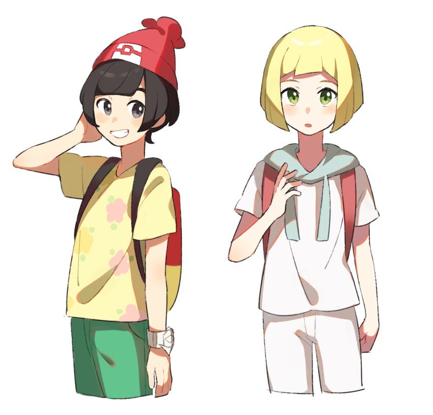 2boys adapted_costume backpack bag bangs beanie black_hair blonde_hair blush blush_stickers bracelet cowboy_shot cropped_legs drawstring floral_print genderswap genderswap_(ftm) green_eyes green_shorts grin hand_up hat jewelry lillie_(pokemon) looking_at_another looking_at_viewer looking_to_the_side male_focus mizuki_(pokemon) multiple_boys open_mouth poke_ball_symbol poke_ball_theme pokemon pokemon_(game) pokemon_sm red_headwear shiny shiny_hair shirt short_hair short_shorts short_sleeves shorts simple_background smile standing teeth unapoppo white_background white_shirt white_shorts yellow_shirt