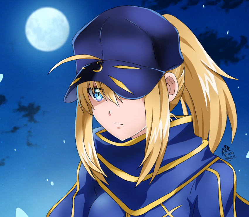 1girl artoria_pendragon_(all) baseball_cap blonde_hair blue_eyes blue_headwear blue_jacket blue_scarf blue_sky closed_mouth clouds fate/grand_order fate_(series) frown full_moon hair_between_eyes hat hat_over_one_eye jacket long_hair maroonabyss moon mysterious_heroine_x night night_sky ponytail portrait scarf shiny shiny_hair sky solo