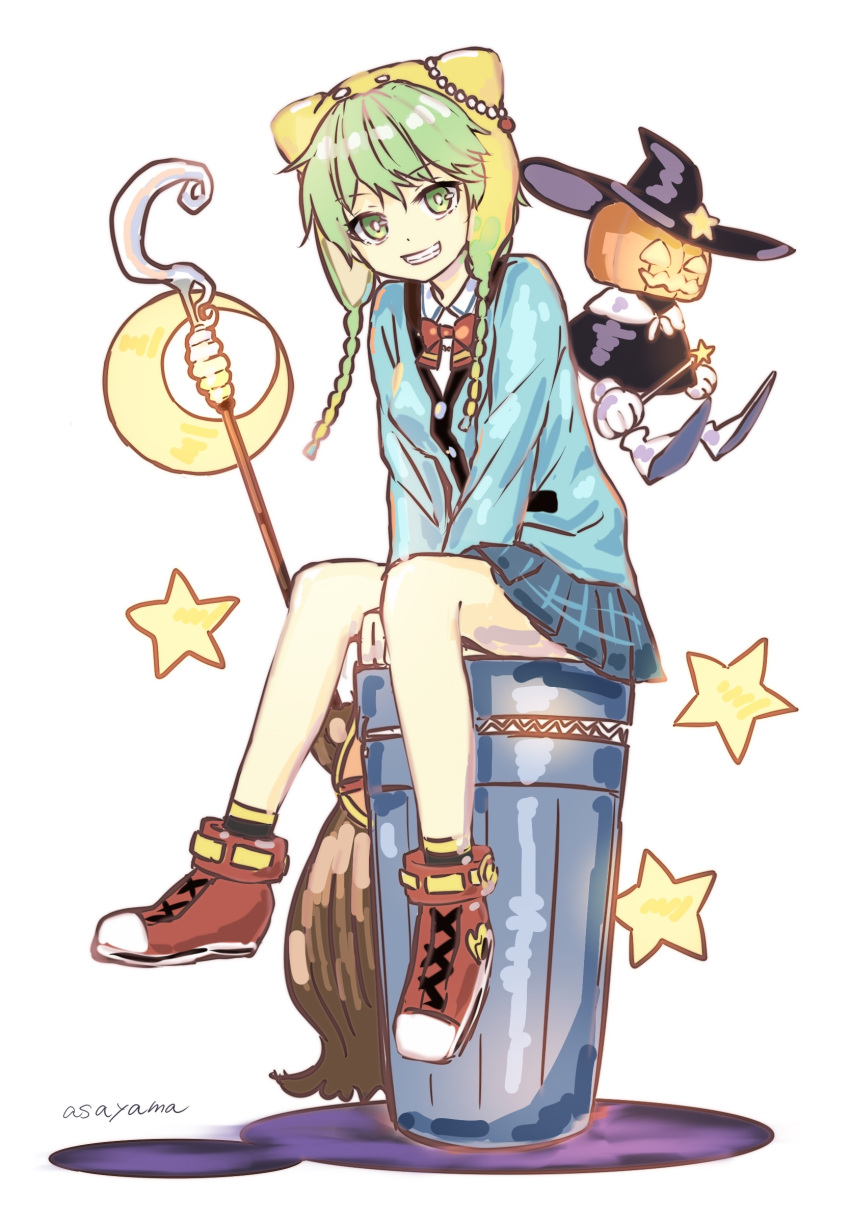 1girl absurdres animal_hat aqua_cardigan artist_name asayama atelier_(series) atelier_shallie between_legs broom cardigan cat_hat collared_shirt commentary_request crescent cute eyebrows_visible_through_hair full_body green_eyes green_hair grin hair_between_eyes halloween hand_between_legs hat head_tilt highres holding holding_wand jack-o'-lantern looking_at_viewer pleated_skirt red_footwear red_neckwear shallotte_elminus shirt shoes sitting sketch skirt smile solo star star_wand v-shaped_eyebrows wand white_background white_shirt wing_collar witch_hat