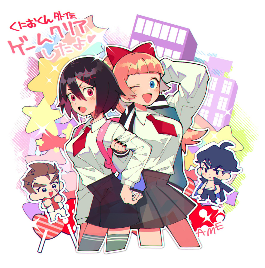 2boys 2girls artist_name candy chibi city commentary dengaku_ame food hands_in_pocket heart highres jacket jacket_on_shoulders kunio-kun kunio-kun_series kyoko_(kunio-kun) misako_(kunio-kun) multiple_boys multiple_girls necktie one_eye_closed riki_(kunio-kun) river_city_girls sarashi school_uniform skirt thigh-highs translated