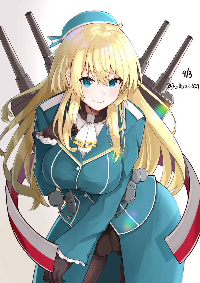 1girl absurdres atago_(kantai_collection) beret black_gloves black_legwear blonde_hair blue_eyes blue_headwear breasts cowboy_shot dated gloves hat highres kantai_collection large_breasts long_hair looking_at_viewer military military_uniform pantyhose shiina_aoi simple_background smile solo twitter_username uniform white_background