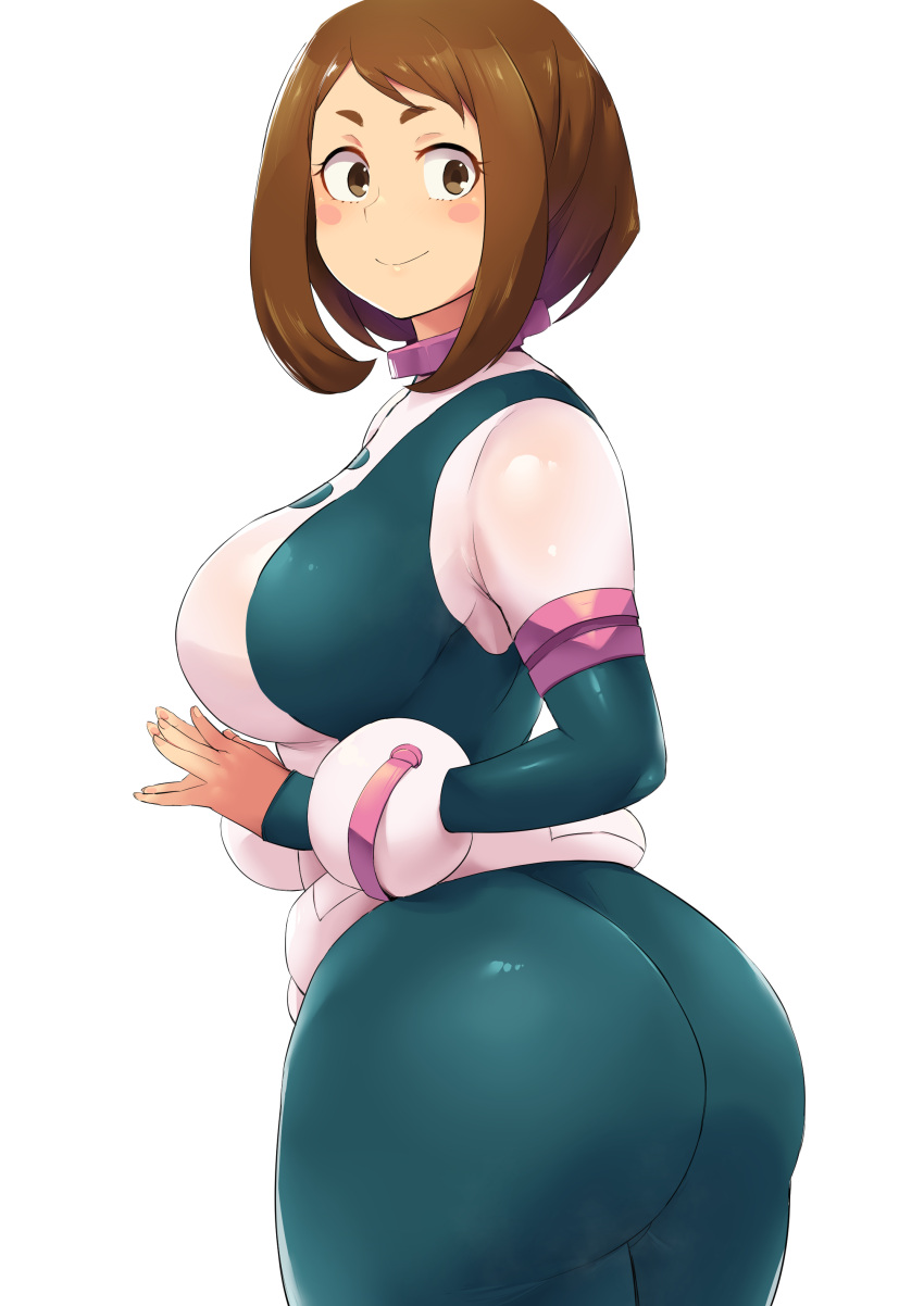 1girl absurdres ass blush bodysuit boku_no_hero_academia breasts brown_hair closed_mouth collar highres huge_breasts large_breasts looking_at_viewer minakami_(flyingman555) shiny shiny_clothes shiny_hair short_hair smile thick_eyebrows thick_thighs thighs tight uraraka_ochako