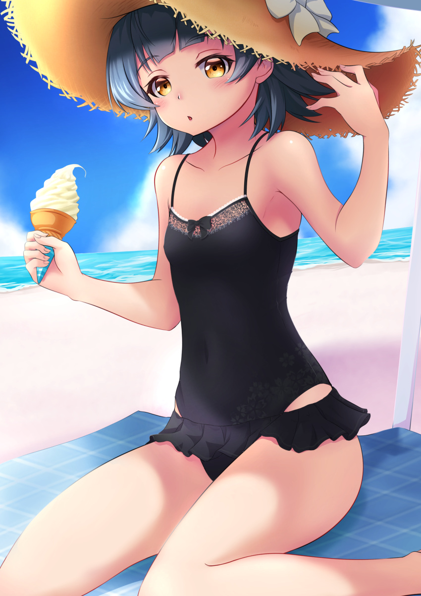 1girl absurdres arare_(kantai_collection) beach black_hair black_swimsuit blue_sky brown_eyes casual_one-piece_swimsuit clouds collarbone commentary_request covered_navel day flat_chest food hat highres horizon ice_cream kantai_collection looking_at_viewer makura_(user_jpmm5733) ocean one-piece_swimsuit outdoors short_hair sitting sky soft_serve solo straw_hat sun_hat swimsuit swimsuit_skirt wariza