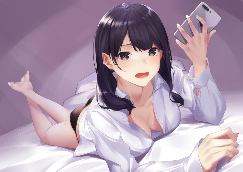 1girl bangs barefoot black_panties blush breasts cellphone collared_shirt crossed_ankles fifty1202 highres holding holding_phone large_breasts long_hair long_sleeves looking_at_viewer lying on_stomach open_mouth original panties phone purple_hair shirt sidelocks smartphone solo underwear violet_eyes white_shirt