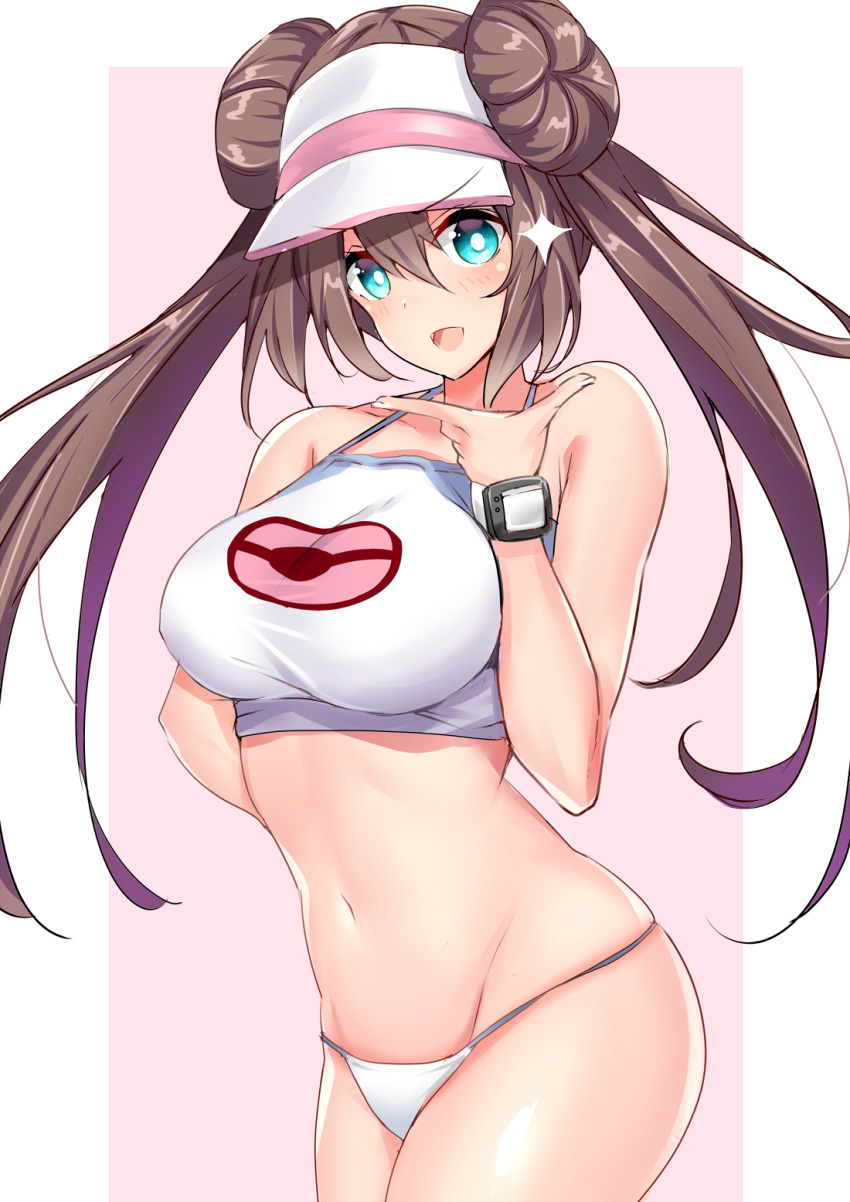 1girl bangs bare_shoulders blue_eyes blush border breasts brown_hair collarbone commentary_request crop_top double_bun gradient hair_between_eyes highres large_breasts long_hair looking_at_viewer mei_(pokemon) navel open_mouth panties pink_background pokemon pokemon_(game) pokemon_bw2 pokemon_masters sankakusui simple_background smile solo sparkle twintails underwear visor_cap watch watch white_border white_crop_top white_panties