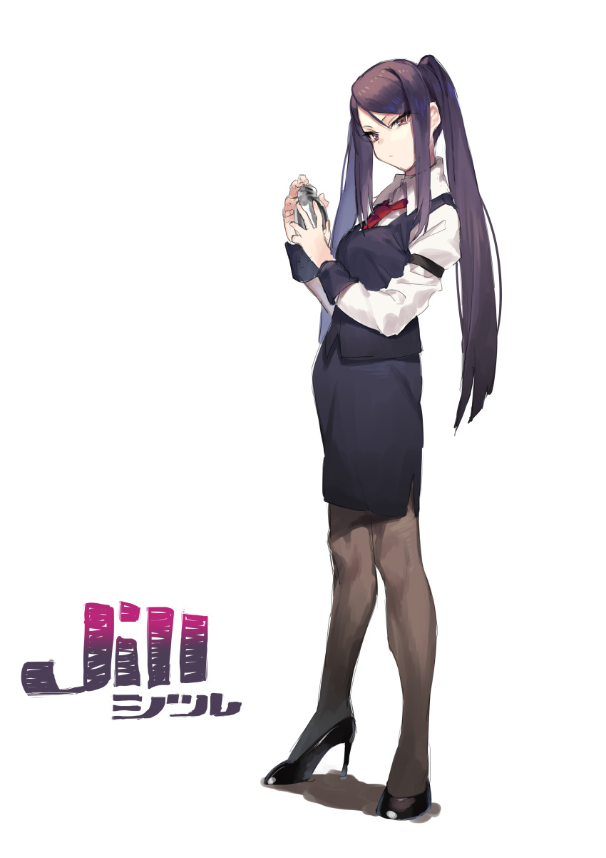 1girl absurdres black_footwear black_legwear breasts character_name cocktail_shaker full_body high_heels highres jill_stingray kyo long_hair looking_at_viewer necktie pantyhose pencil_skirt purple_hair skirt solo twintails uniform va-11_hall-a very_long_hair vest violet_eyes