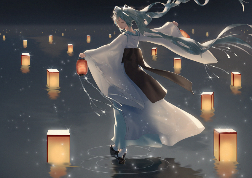 1girl backlighting black_footwear blue_hair closed_eyes closed_mouth commentary facing_away floating_hair full_body geta glowing hatsune_miku highres holding holding_lantern horizon japanese_clothes kimono kuroi_enpitsu lantern light_particles light_smile long_hair night night_sky obi outdoors outstretched_arms paper_lantern reflection ripples sash shadow shoes sky socks solo standing standing_on_liquid traditional_clothes twintails very_long_hair vocaloid walking walking_on_liquid water white_kimono white_legwear wide_sleeves