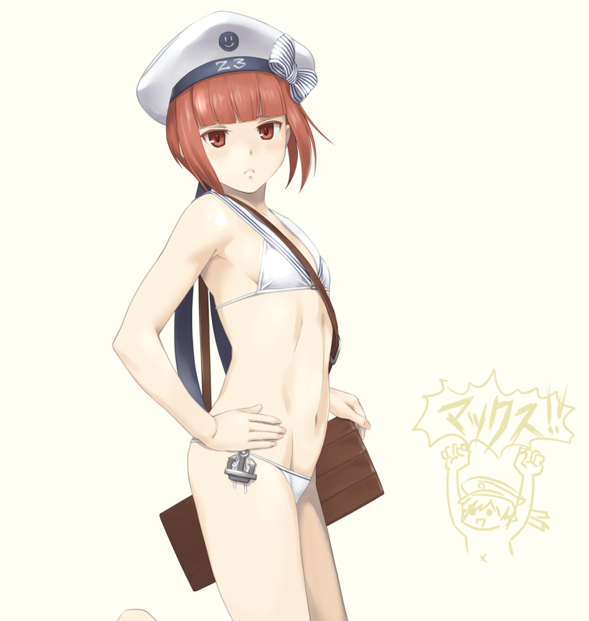 2girls admiral_(kantai_collection) bikini blush breasts brown_eyes brown_hair closed_mouth commentary_request hat highres kantai_collection kuroiani looking_at_viewer multiple_girls navel sailor_hat short_hair simple_background solo_focus swimsuit white_bikini z3_max_schultz_(kantai_collection)