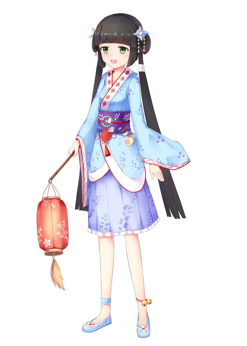 1girl artist_request bangs black_hair blue_footwear blue_kimono blue_skirt breasts commentary_request eyebrows_visible_through_hair full_body green_eyes hair_ornament hairclip highres holding_lamp japanese_clothes kimono lamp looking_at_viewer open_mouth original shoes short_hair_with_long_locks simple_background skirt small_breasts solo white_background wide_sleeves