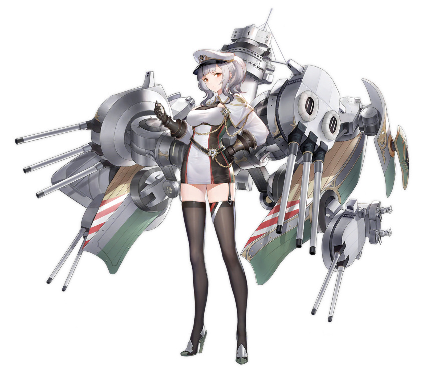 1girl artist_request azur_lane bangs black_legwear blunt_bangs breasts cannon capelet character_name compass dress expressionless expressions full_body garter_straps gauntlets giulio_cesare_(azur_lane) grey_hair gujianshaonv hand_on_hip hand_up hat high_collar high_heels highres holding_compass large_breasts looking_at_viewer medal medium_hair official_art peaked_cap red_eyes rigging rudder_footwear short_dress sidelocks solo taut_clothes taut_dress thigh-highs turret twintails watermark weibo_username