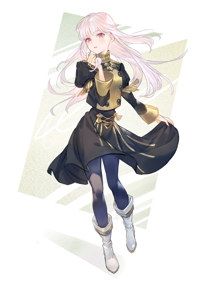 1girl absurdres bangs blush bomssp closed_mouth epaulettes fire_emblem fire_emblem:_three_houses full_body garreg_mach_monastery_uniform highres long_hair long_sleeves looking_at_viewer lysithea_von_ordelia pantyhose pink_eyes simple_background solo uniform upper_body white_background white_hair