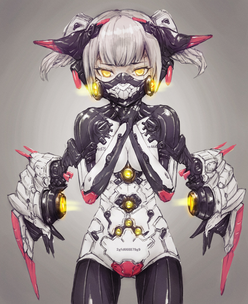 1girl bodysuit clothes_writing commentary_request gas_mask glowing grey_background hands_on_own_neck headgear highres looking_at_viewer mask mecha_musume original science_fiction shiny shiny_clothes short_twintails tsurime twintails white_hair yellow_eyes yumikoyama49