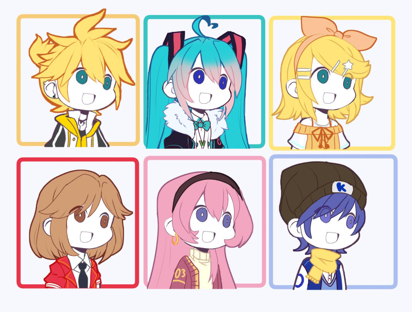 2boys 4girls aqua_eyes aqua_hair bangs beanie black_neckwear blonde_hair blue_eyes blue_hair bow bowtie brown_hair cardigan_vest commentary english_commentary everyone fur-trimmed_jacket fur_trim gyari_(imagesdawn)_(style) hair_bow hair_ornament hairclip hat hatsune_miku headband highres jacket kagamine_len kagamine_rin kaito long_hair megurine_luka meiko multiple_boys multiple_girls nandemo_iu_koto_wo_kiite_kureru_akane-chan_(voiceroid) necktie number open_mouth orange_bow parody pink_hair scarf shirt short_hair short_ponytail spaghetti_strap spiky_hair spring_onion spring_onion_necklace star star_hair_ornament starcircuits straight_hair style_parody swept_bangs t-shirt turtleneck twintails very_long_hair vocaloid yellow_scarf