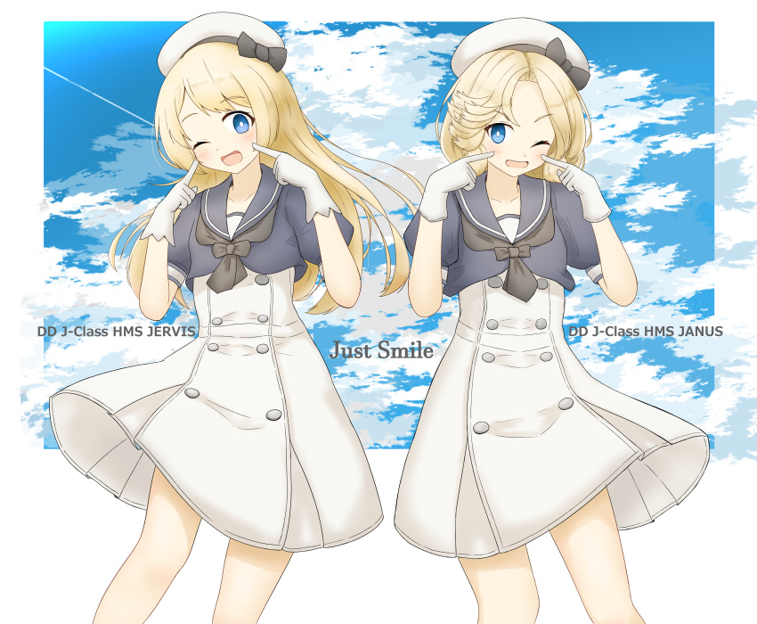 2girls absurdres blonde_hair blue_eyes blue_sailor_collar blue_sky character_name clouds commentary_request condensation_trail cowboy_shot dress gloves hat highres index_finger_raised janus_(kantai_collection) jervis_(kantai_collection) kantai_collection kin-iro_mosaic long_hair looking_at_viewer multiple_girls sailor_collar sailor_dress sailor_hat shonasan short_hair short_sleeves sky smile symmetry white_dress white_gloves white_headwear