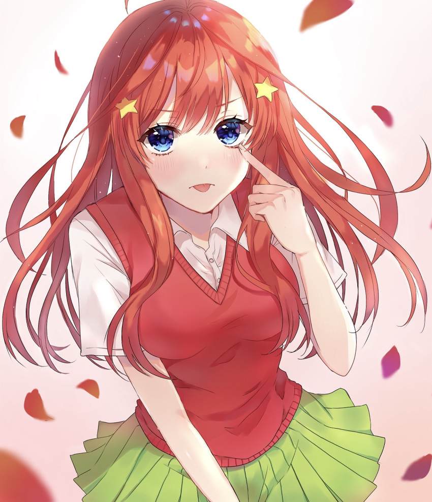 1girl :p bangs blue_eyes blush breasts closed_mouth eyebrows_visible_through_hair go-toubun_no_hanayome green_skirt hair_between_eyes hair_ornament highres large_breasts long_hair looking_at_viewer nakano_itsuki parum39 red_sweater redhead shirt simple_background skirt solo star star_hair_ornament sweater sweater_vest tongue tongue_out white_background white_shirt