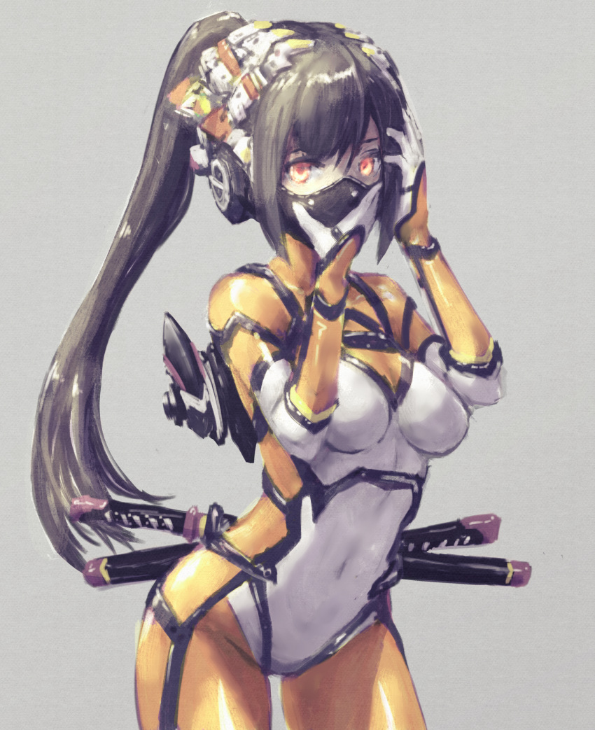 1girl black_hair bodysuit commentary covered_navel grey_background hand_on_mask headgear highres long_hair looking_at_viewer mask mecha_musume ninja ninja_mask ninjatou orange_eyes original ponytail science_fiction short_sword skin_tight solo sword weapon yumikoyama49